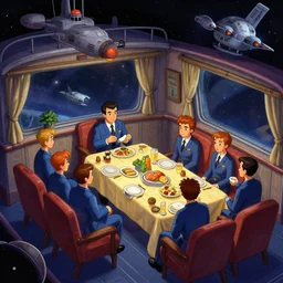 the officer's mess onboard a spaceship, from a space themed lucasarts point and click 2 d graphic adventure game, art inspired by thomas kinkade