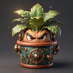 an angry plant pot cushion. steampunk, intricate, elegant, fantasy, highly detailed, digital painting, concept art, sharp focus, illustration, beautiful lighting, epic light, artstation, colorful, dramatic