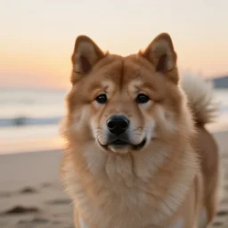 a closeup photorealistic photograph of japanese spitz on the beach at sunset. this 4 k hd image is trending on artstation, featured on behance, well - rendered, extra crisp, features intricate detail and the style of unreal engine. golden hour