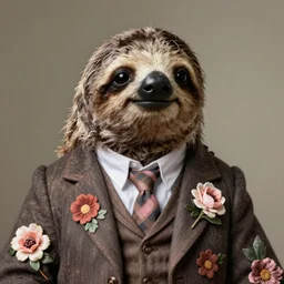 portrait of a sloth wearing a suit, flowerpunk rococo, academic art