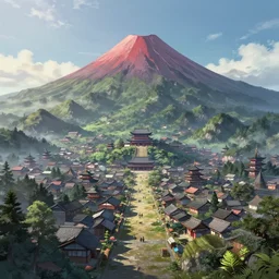 a powerful japanese village high in mountains, volcano, concept art, fantastic landscape, unreal engine 5 render, sharp focus, anime, 8 k