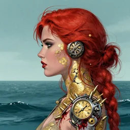 portrait of red head woman :: side profile :: in ocean :: guns and bullets ::  metallic clockwork details :: gold and petals pattern :: blood and horror ::  by marvel and Sandra Chevrier