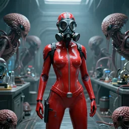 big budget scifi movie set with alien brainsuckers in postapocalyptic world sexy female cyborg in red rubber and gas maskwork in science lab