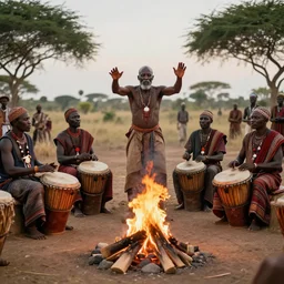 African tribe plays the drums around the campfire while the oldest tribesman performs a levitation ritual, Realistic, HDR, 8K,
