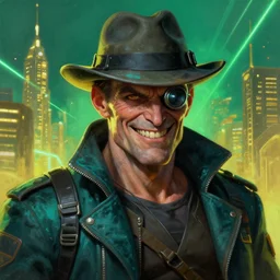an intimate portrait of a gnarly human cyberpunk captain, old skin, faded fedora, charming, strong leader, metal eye piece, a look of cunning, big smile, detailed matte fantasy painting, golden cityscape, lasers, sparks, green, teal, velvet, fluorescent