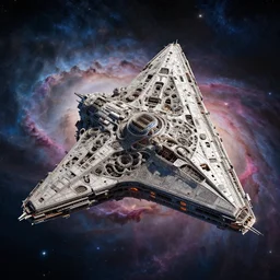 giant triangular spaceship, flying through space, highly detailed, intricate, by Raphael Lacoste, Eddie Mendoza, Alex Ross, background of outer space nebulas by Pilar Gogar, concept art, 8K HDR