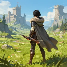 a warrior girl with short black hair wearing a gray cloak with fur collar and leather boots holding a crossbow standing in a meadow with medieval fantasy landscape with castle in the distance, shot from behind, fantasy art, digital art, by andreas rocha, trending on artstation, vibrant colors