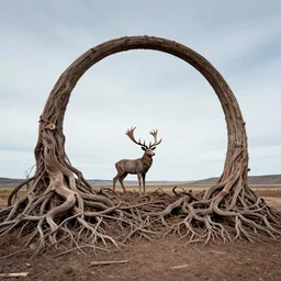 photo of a stargate by marc adamus, land art made of gnarled roots by jaehyo lee, with a stag standing in the middle