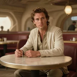 rhett sarlin sitting at a table in a cantina on tatooine, very long black hair brought back into a ponytail, black leather vest, portrait by ralph mcquarrie