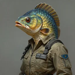 epic professional digital photo of female human - fish hybrid animal wearing air force jumpsuit, humanoid scaly fish head, snub nose, airbrush painting, by neal adams and joelle julie, artstation, cgsociety, wlop, epic, much wow, much detail, gorgeous, detailed, cinematic, masterpiece