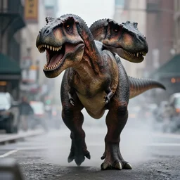 close up portrait of a tyrannosaurus walking in a smoky street of new york, photograph, natural light, sharp, detailed face, magazine, press, photo, steve mccurry, david lazar, canon, nikon, focus