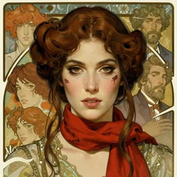 realistic detailed face portrait of a beautiful gypsy woman with a scar across her cheek wearing a red scarf by gerald moira, ayami kojima, amano, greg hildebrandt, ann long, and mark brooks, female, feminine, art nouveau, victorian, neo - gothic, gothic, character concept design