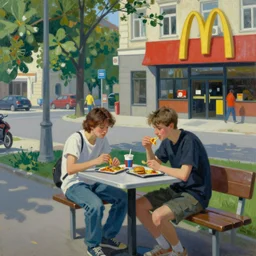 an edward hopper - style painting of a hungarian young generation z person sitting on a table bench eating a meal outside at mcdonald's in gyor on saturday mid - summer of 2 0 2 2
