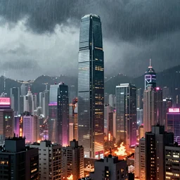 3 5 mm atmospheric urban photographic landscape of hong kong 2 0 xx, blade runner 1 9 8 2 city, matte painting, cinematic composition, futuristic dystopian megacity skyline with towering mega - skyscrapers, falling rain, neon, industrial fires and smog, dramatic cinematography 3 5 mm