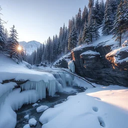 snowy landscape by a waterfall stream in the canadian mountains in the evening sun, iceicles, by philippe gare, artstation, greg rutkowski