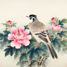 a beautiful painting peony bird, by zhangda qian and kusama yayoi painting