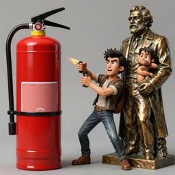 isaac from the game the binding of isaac wielding a giant massive red fire extinguisher, aiming it at a bronze sculpture of lenin hugging johnny bravo