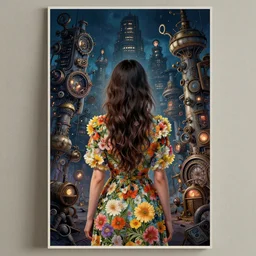 a girl clothed in flowers behind a steampunk city, night setting. realistic shaded lighting poster by ilya kuvshinov katsuhiro, magali villeneuve, artgerm, jeremy lipkin and michael garmash, rob rey and kentaro miura style, trending on art station