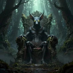 a satyr sitting on a throne in an ominous forest by bastien lecouffe - deharme, ken kelly, artgerm and karol bak, unreal engine, dynamic lighting, fog, glowing eyes, illustration, vines, thorns, god rays, mysterious