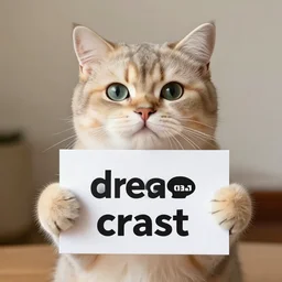 realistic high quality photo of a cute cat holding a sign with text that reads : dream, cat, cas, cast dreamcats, crast