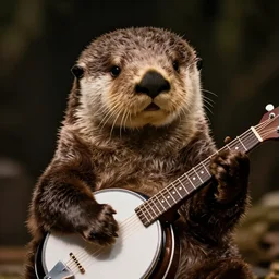 a closeup photorealistic photograph of a cute sea otter playing banjo at night ”. this 4 k hd image is trending on artstation, featured on behance, well - rendered, extra crisp, features intricate detail and the style of unreal engine.