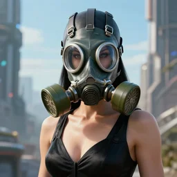 highly detailed portrait photo faceshot of a powerful female annihilan, wearing a black dress. her face is covered in a gas mask in a scenic futuristic urban environment. hyperrealistic fashion illustration by boris vallejo and julie bell.