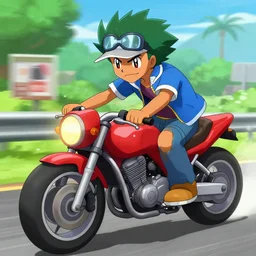 ash ketchum playing magic the gathering on a motorcycle, digital art