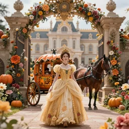 fairytale princess played by Eva green with lovely detailed face entering the gates of her majestic palace of flowers , with horse driven , carriage made of pumpkins , epic scene unreal render depth of focus blur hyperrealistic detail Star Wars mucha fantasy art behance