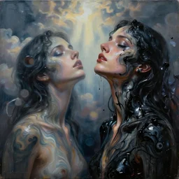 two female bodies melting liquid acrylic painting abstract in glass and black latex fluid, balck paint, female face, woman body, hypperrealistic, bokeh, long exposure, close up portrait, fantasy concept art, epic light, clouds, god rays, heaven, art noveau, artistic sketch, dark mood, film still, swirly body painting, - n 9