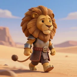 antropomorphic knight lion warrior as nendoroid walking in a desert in the croods movie style, anime, disney, pixar, 8 k, hd, dof, kodak film, volumetric lighting, subsurface scattering, photorealistic, octane render, details