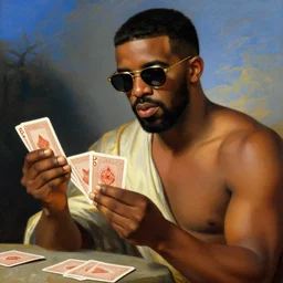 drake wearing sunglasses and playing cards by botticelli, brown skin, classical painting, digital painting, romantic, vivid color