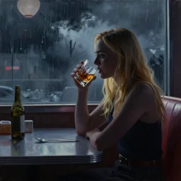 silhouette of Elle Fanning drinking whiskey alone in a diner, stormy weather, extremely detailed masterpiece, oil on canvas, low-key neon lighting, artstation, Blade Runner 2049, Roger Deakin’s cinematography, by J. C. Leyendecker and Peter Paul Rubens,