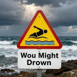 a sign warning to swim, warining you might drown, strong currents, surfing, waves
