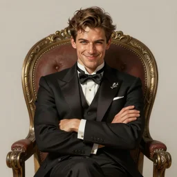 a noble man smiling with flirty eyes. crossed arms, sitting in his chair. intricate, elegant, highly detailed, digital painting, artstation, concept art, sharp focus, illustration, by justin gerard and artgerm, 8 k