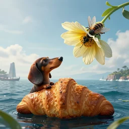 by johan grenier and vance kovacs, visually stunning, cinematic, ultra realistic, hyper realism, 1 2 k, epic, octane render, unreal engine, vfx, maya, morning dachshund croissant : poseidon, distant shores : great waters, an inverted flower : attract a fig wasp