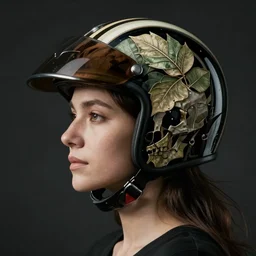 a woman's face in profile, wearing a vintage motorcycle helmet made of intricate leaf skeleton, in the style of the dutch masters and gregory crewdson, dark and moody