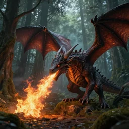 science based dragon breathing fire on a forest of ents, unreal engine photorealistic artstation trending macabre