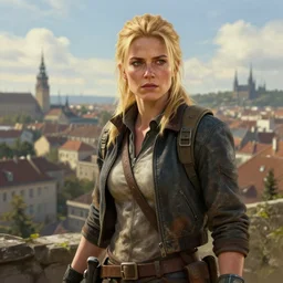 fallout 5, charismatic beautiful rugged blonde female protagonist, portrait, outdoors european cityscape, atmospheric lighting, painted, intricate, volumetric lighting, beautiful, daytime, spring, sunny weather, few clouds, sharp focus, deep colours, ultra detailed, art by william turner