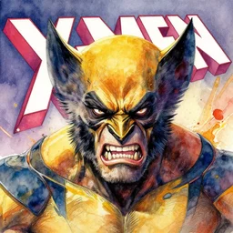 a beautifull intricate watercolour painting of angry wolverine marvel character, centered face, x - men logo in background, anger, chaos,, verry high details by william turner art, greg rutkowski and alphonse mucha, trending on artstation, very very detailed, masterpiece, vibrant colors