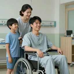 a male patient in a wheelchair in the hospital with his wife and son standing by. happy, cheerful, intricate, sharp focus, artstation, cinematic, 8 k, by william adolphe bouguereau
