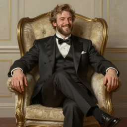 a pleasured happy noble man siting in his armchair. intricate, elegant, highly detailed, digital painting, artstation, concept art, sharp focus, illustration, by justin gerard and artgerm, 8 k