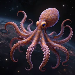 a dramatic and beautiful digital matte painting of large space octopus with legs made of fractal celtic knots floating in space, trending on cgartist, hi-fructose, mandala,  ultra detailed 8k