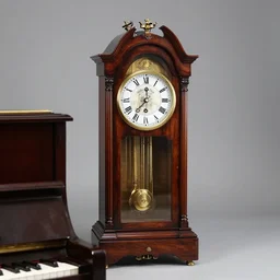piano depicted as a grandfather clock, photograph, product showcase, studio lighting