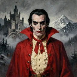 centered detailed, portrait of count dracula, nosferatu, horror, gothic, medieval castle in carpathian mountains, art by jean giraud and moebius, grimy texture, realistic, expressive emotions, grey gradient, red and cream colours