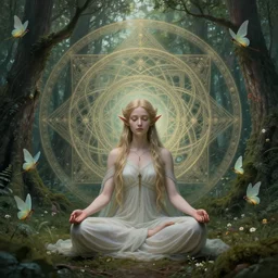 elven princess meditating in forest, surrounded by fairies, surreal, surrealist art, digital art, trending on artstation, ultra detailed, intricate, sacred geometry, serene, beautiful, photo, realistic, perfect, smooth, moebius, by moebius, peter mohrbacher