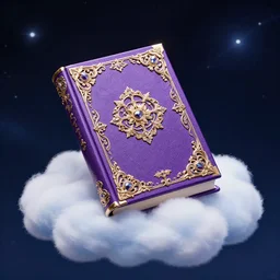 a purple spell book with ornate filagree of imbued metal and gold sitting on top of a cloud with a space background