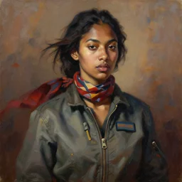 detailed portrait in daring femininity, ethnic, statuesque, confident realistic face, flight suit and scarf, bathed in morning light, chiaroscuro, radiosity, angular impressionism, sense of motion, warm earthy natural color scheme with contrasting highlights, modern fashion, contemporary art, deep rich hues, oil on canvas