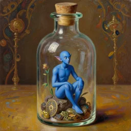 a tiny realistic proportioned blue genie man sitting down inside a glass bottle. beautiful, ornate detailed painting by artgerm and magali villanueve and michael whelan