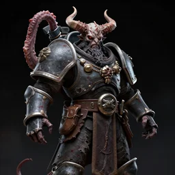 cultist of chaos with one tentacle arm and horns on his face. dressed in a ripped robe. warhammer style, character concept art, extremely high details, artstation contest winner, masterpiece, black blurred background, art by slawomir maniak, chris rahn, ariel perez