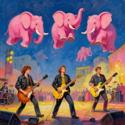 a detailed painting of a concert by bananas with guitars while the pink elephants are stage diving in the sky in the style of artist James Jean